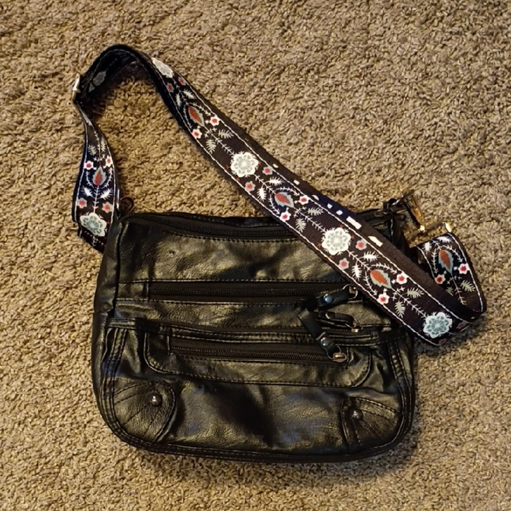 Black Crossbody Bag with Floral Strap